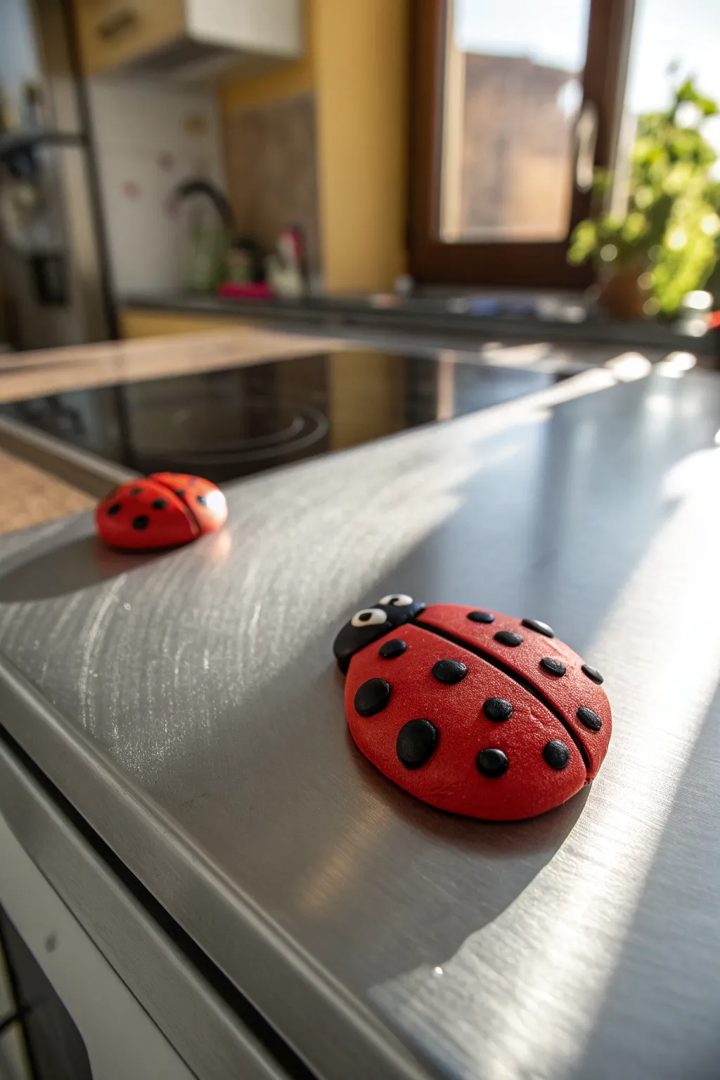 Cute air-dry clay ladybug magnet with bold dots on a minimalist fridge, perfect for kids crafts.