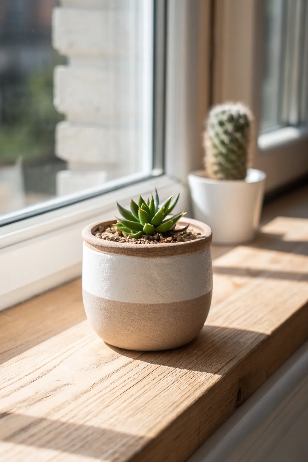 A simple kiln-fired pinch pot planter with a matte exterior and glossy glaze, sunlit and serene.