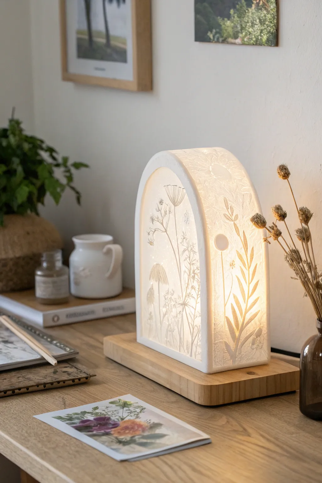 Arched lithophane desktop light glowing softly in a simple stand, minimal and craft-forward.