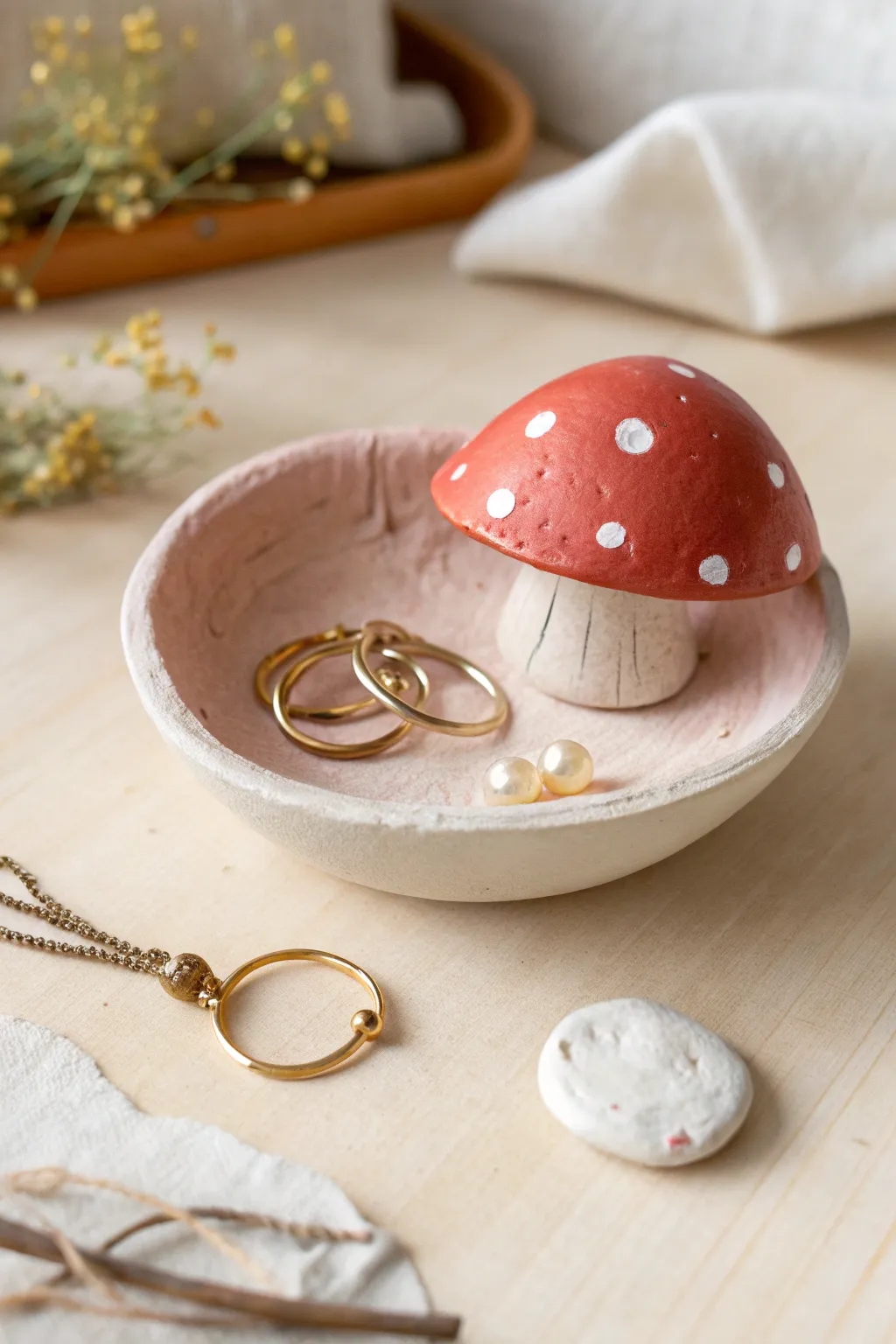 Mini mushroom trinket dish with sweet painted spots, perfect for holding tiny earrings.