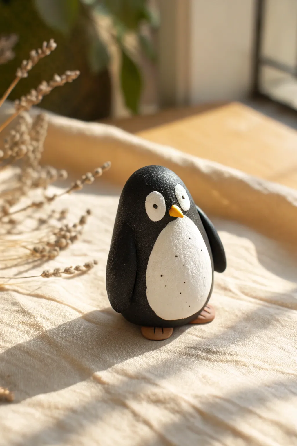 Tiny clay penguin with a sweet belly patch, minimalist, cozy, and easy to recreate.