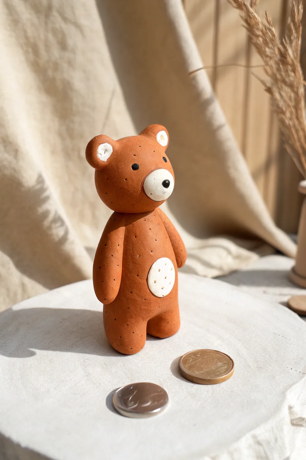 Pocket-size clay bear with a sweet belly dot, minimalist charm and cozy handmade details