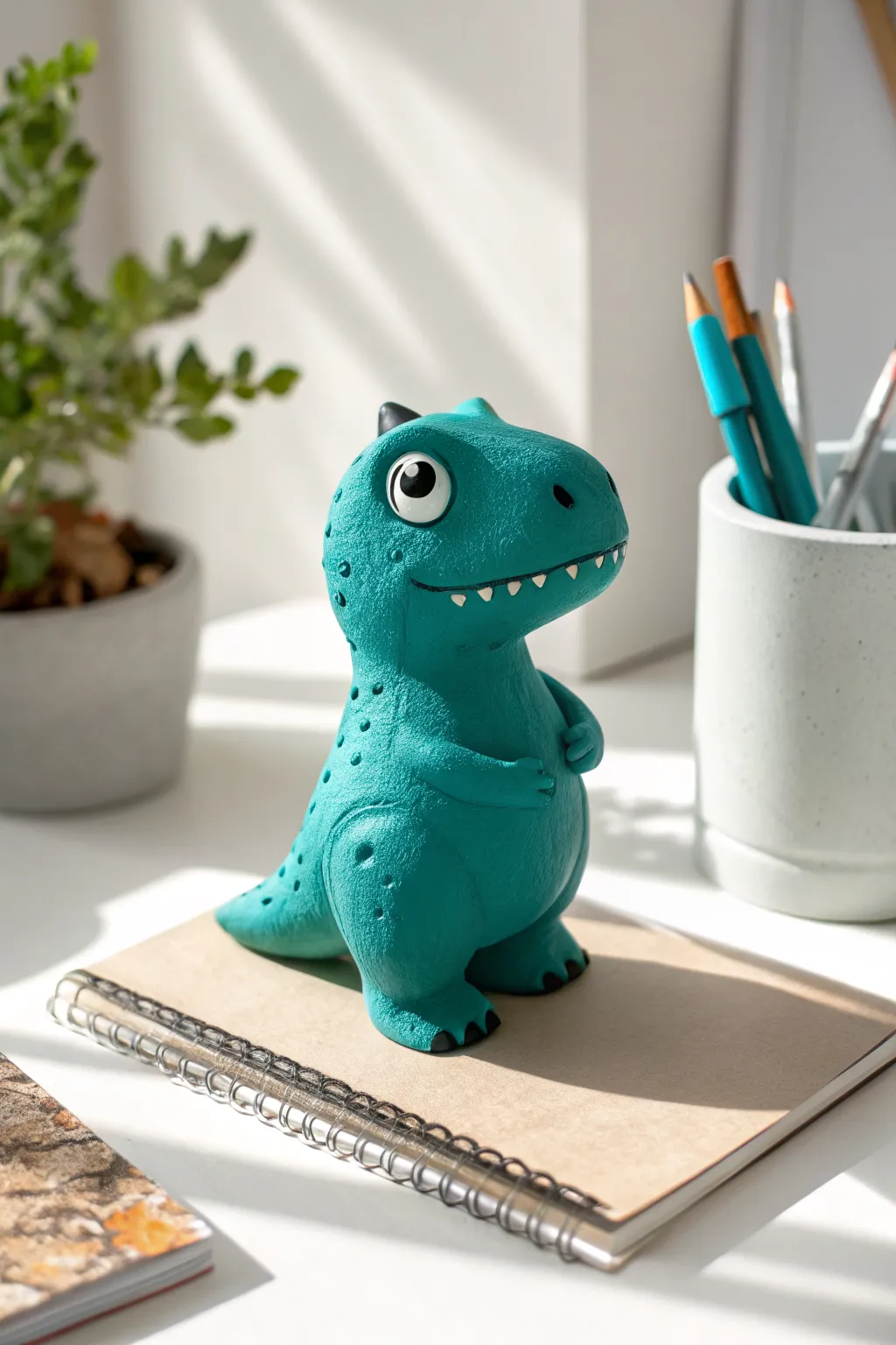 Chunky teal clay T-rex desk buddy with big eyes and cute tooth marks, guarding your notes