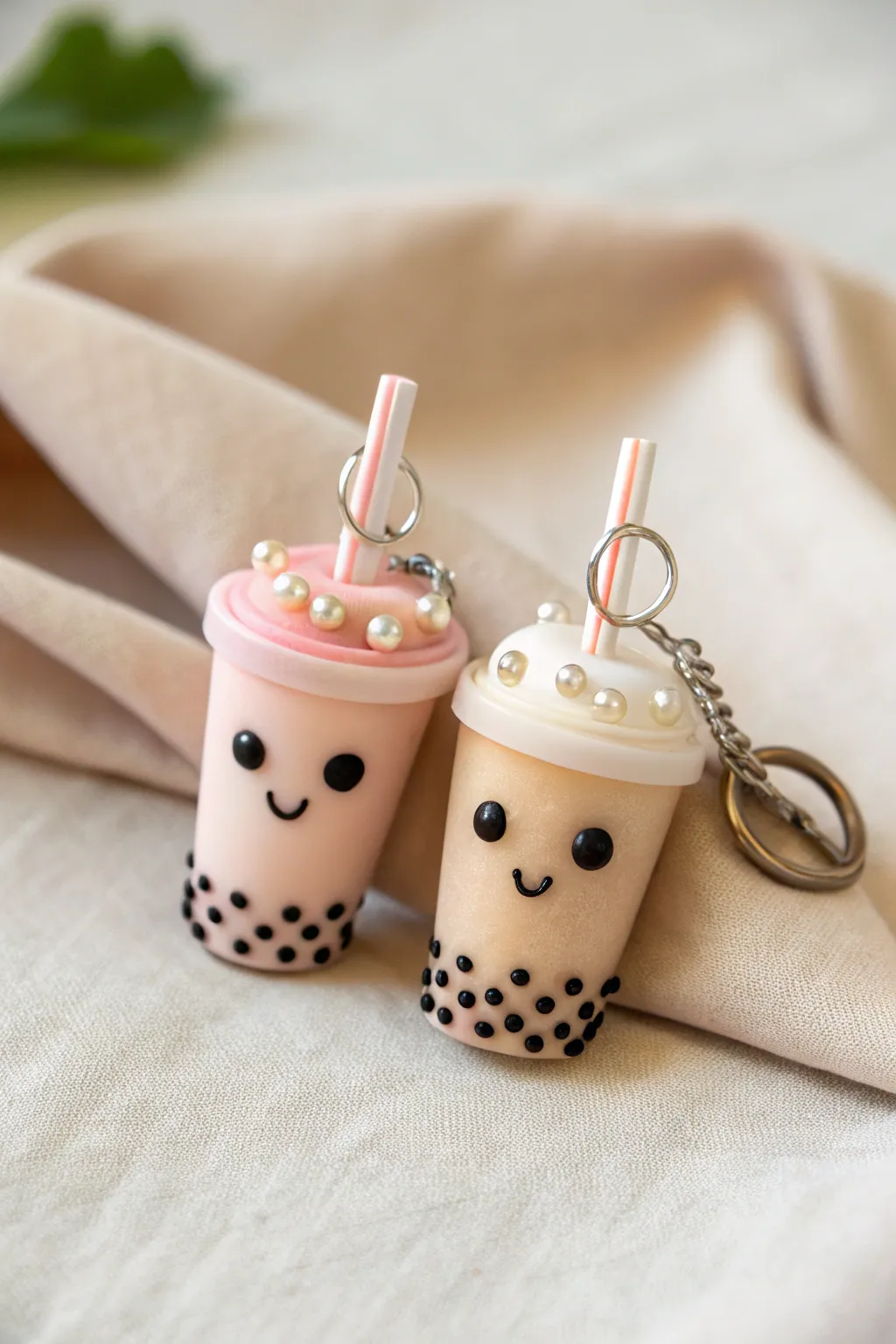 Mini matching clay boba cups clinking together, linked by a shared striped straw