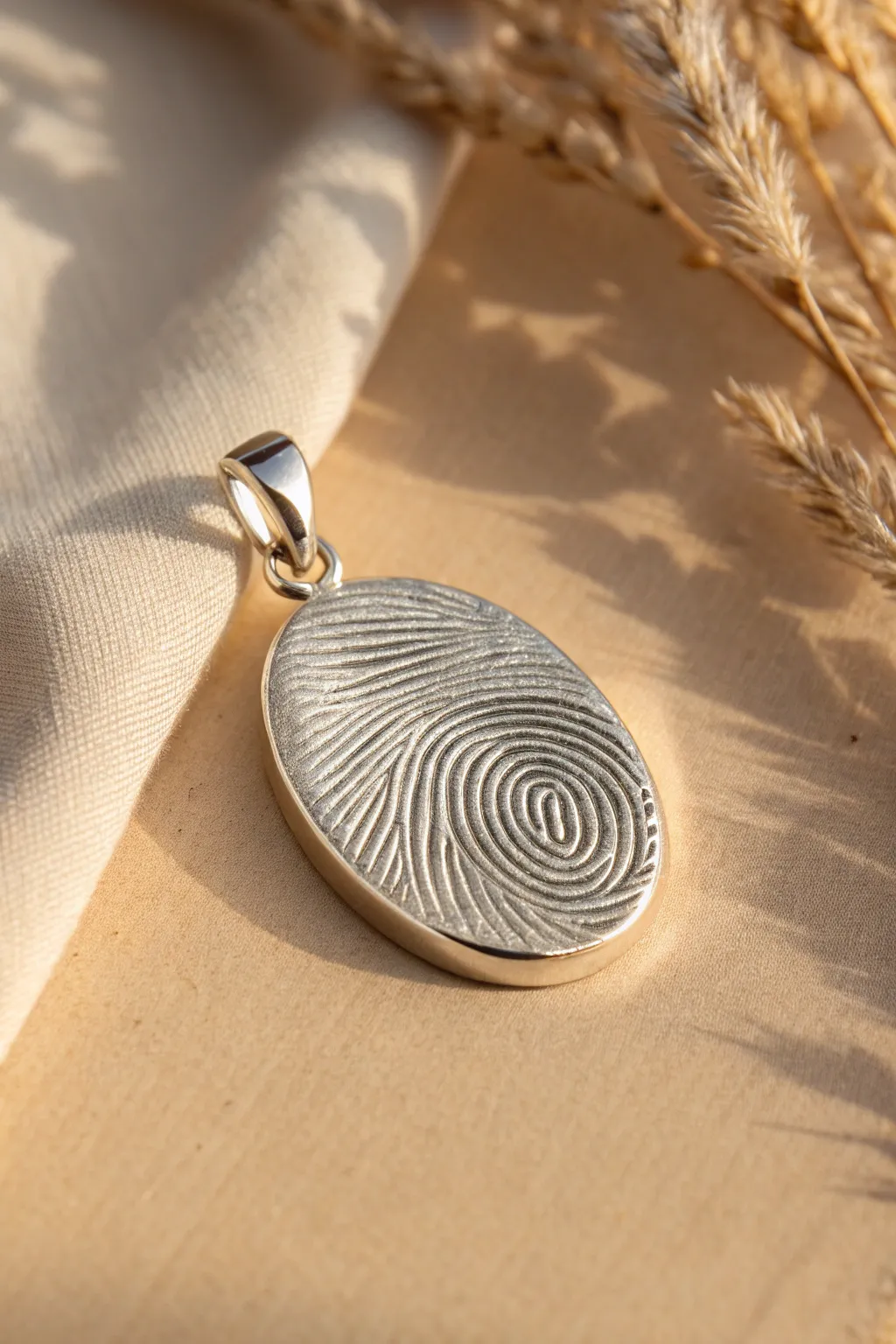 A simple oval metal clay pendant with a crisp fingerprint impression, timeless and personal.