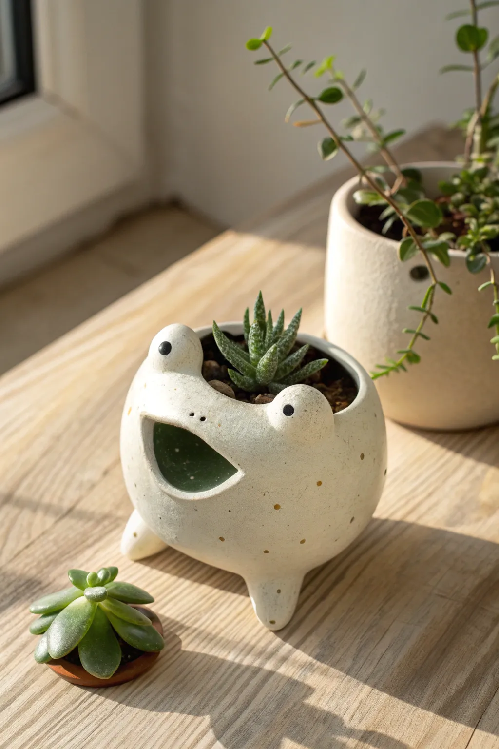 Minimal frog pinch pot planter with simple paint and greenery, perfect for middle school clay class