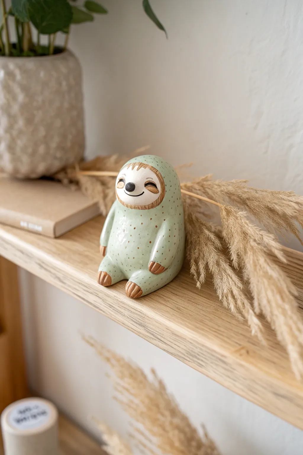 Mini air-dry clay sloth shelf sitter in soft pastels—simple, sweet, and beginner-friendly.