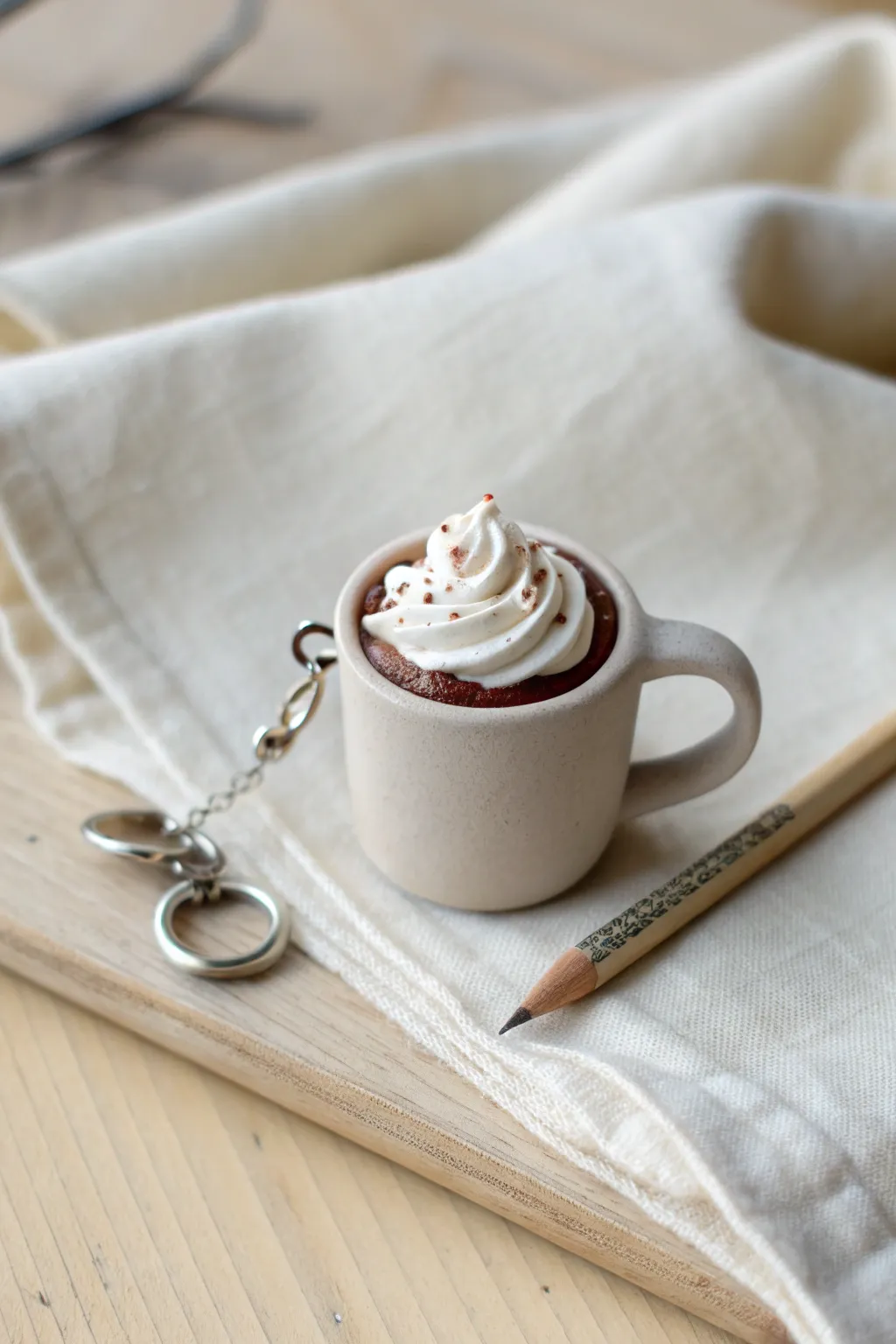 Mini hot cocoa mug charm with whipped cream swirl, photographed beside a pencil tip for scale