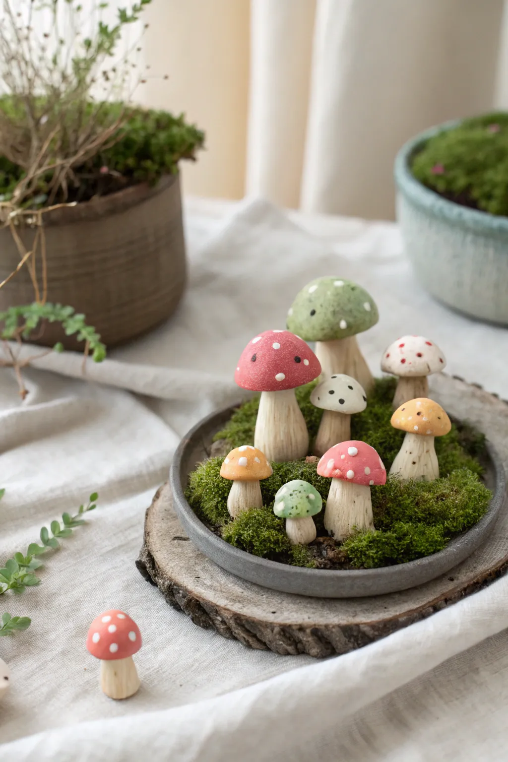 Mini mushroom fairy set: sweet clay charm in soft boho neutrals for your tiny garden.
