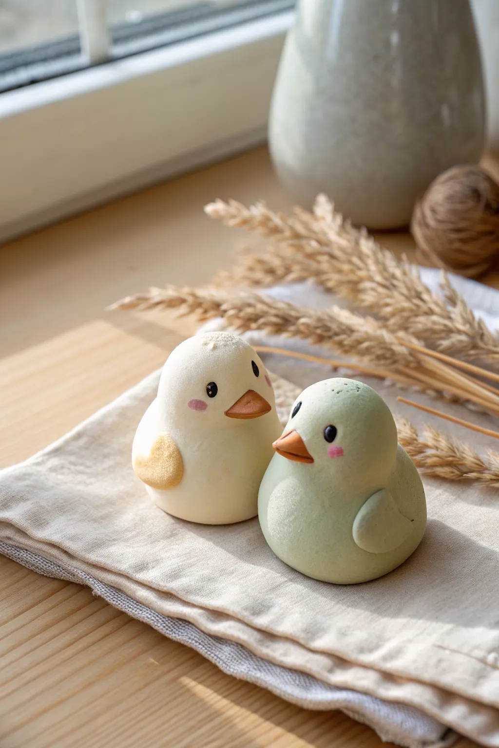 Sweet chubby clay duck couple in soft pastels, the cutest mini date night pottery inspired idea
