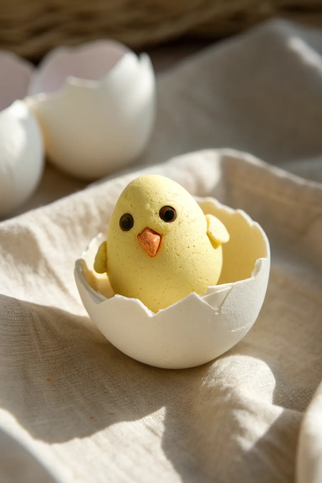 Tiny clay chick peeking from a bright white eggshell, a sweet minimalist spring figure