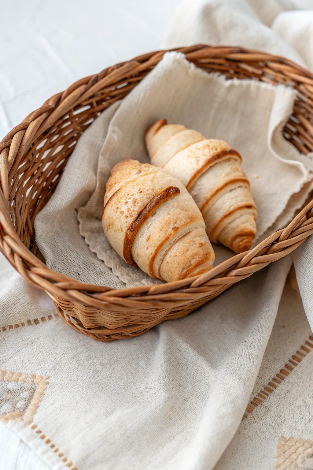 Mini clay croissants with delicate flaky lines, warm toasted shading, and cozy minimal styling