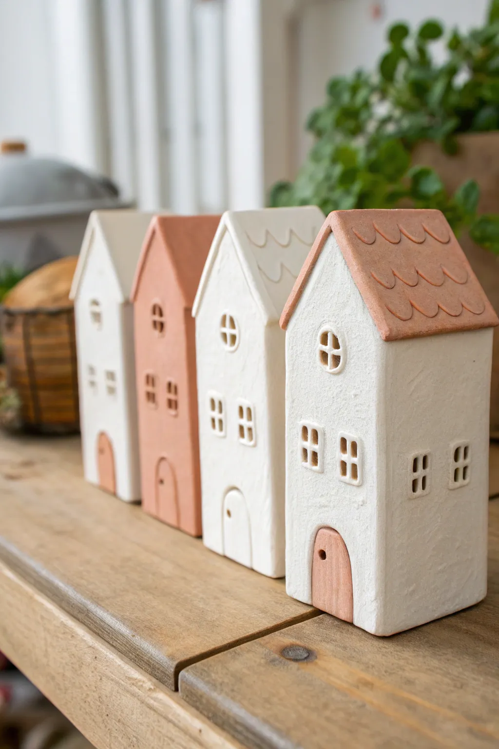 Tiny townhouse row in soft neutrals and blush, a simple mini clay house set for cozy decor.