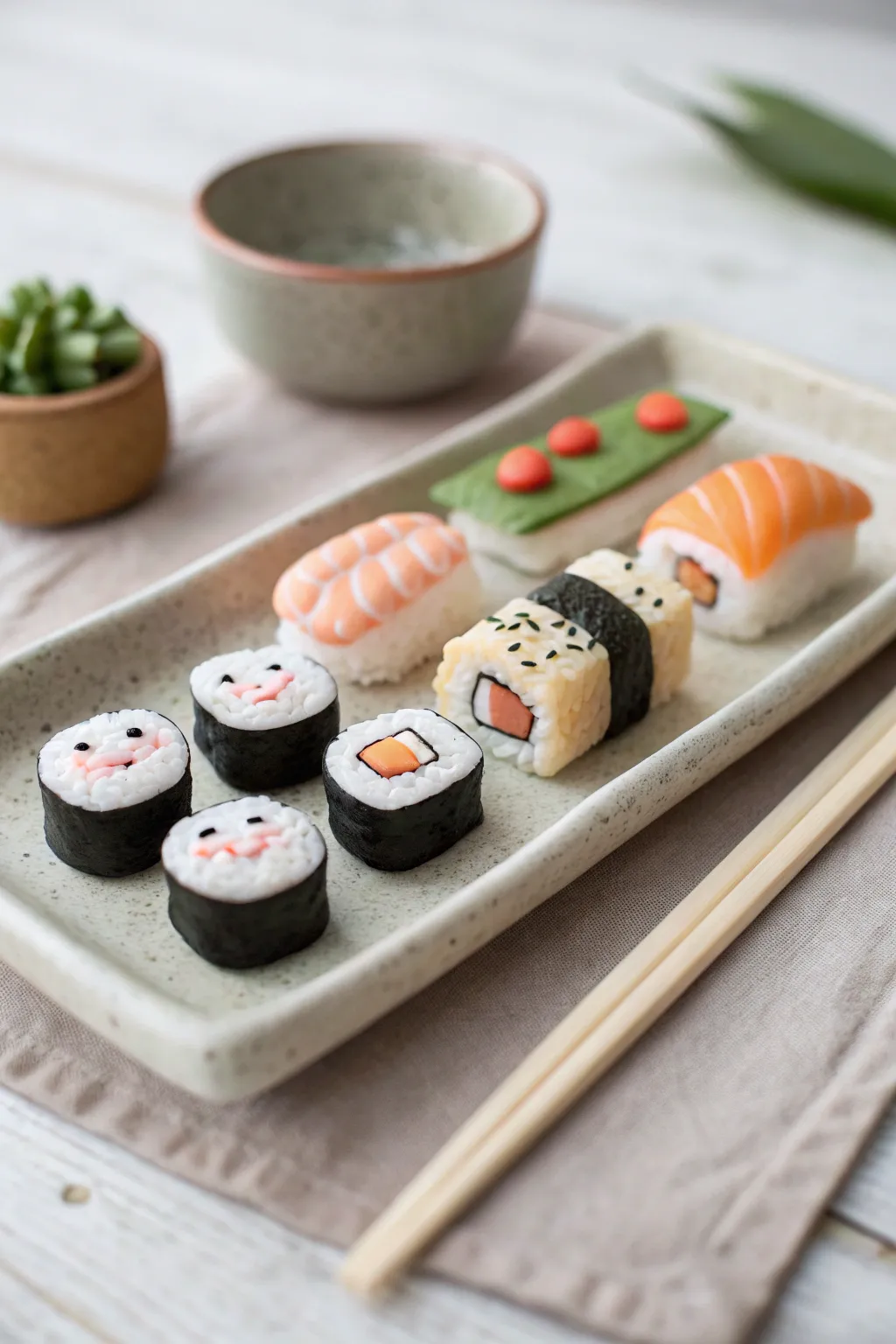 Adorable mini clay sushi rolls on a minimalist tray, clean colors, cozy Scandinavian vibe.