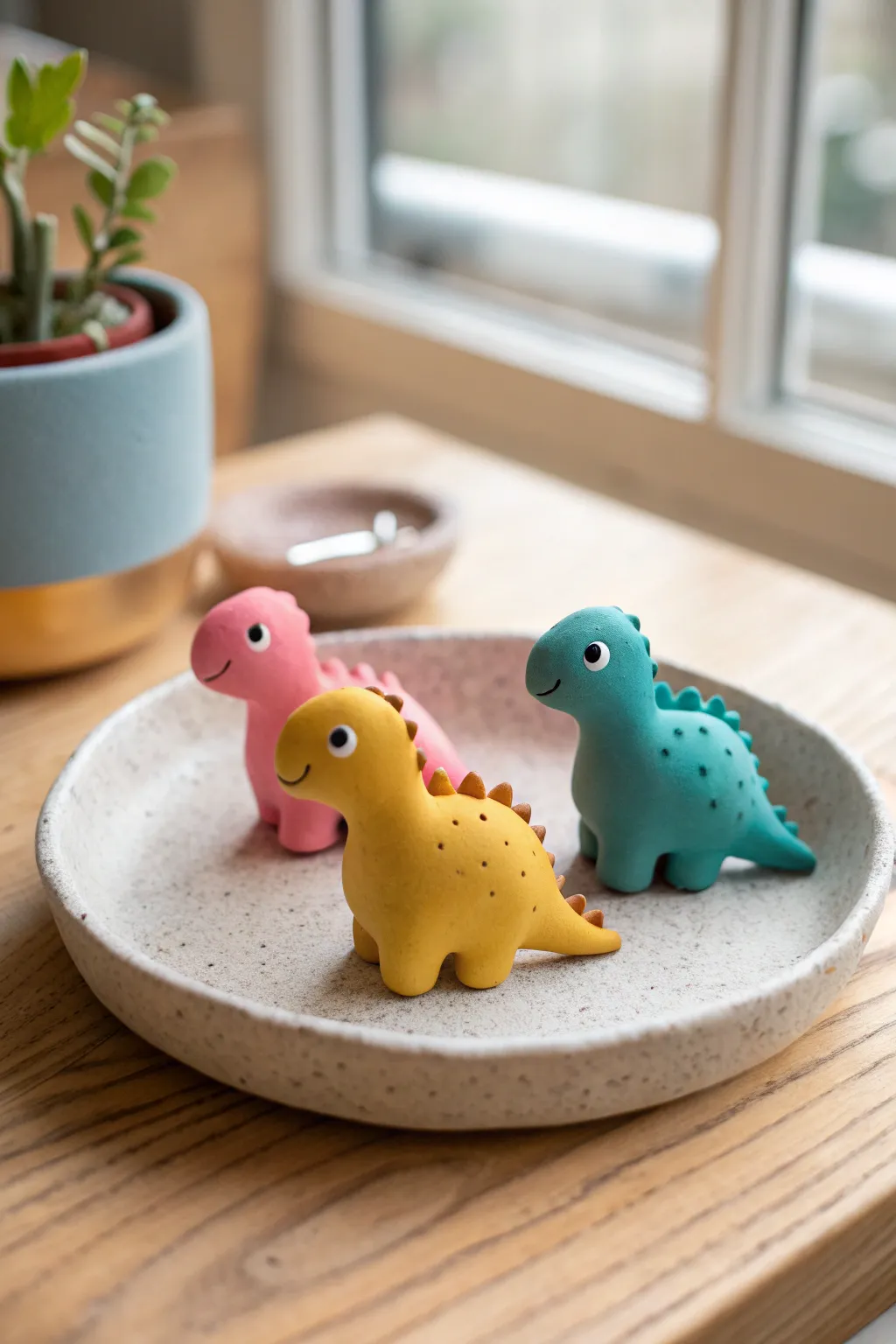 Tiny dino buddies in bright clay colors, minimalist and boho, perfect easy mini project.
