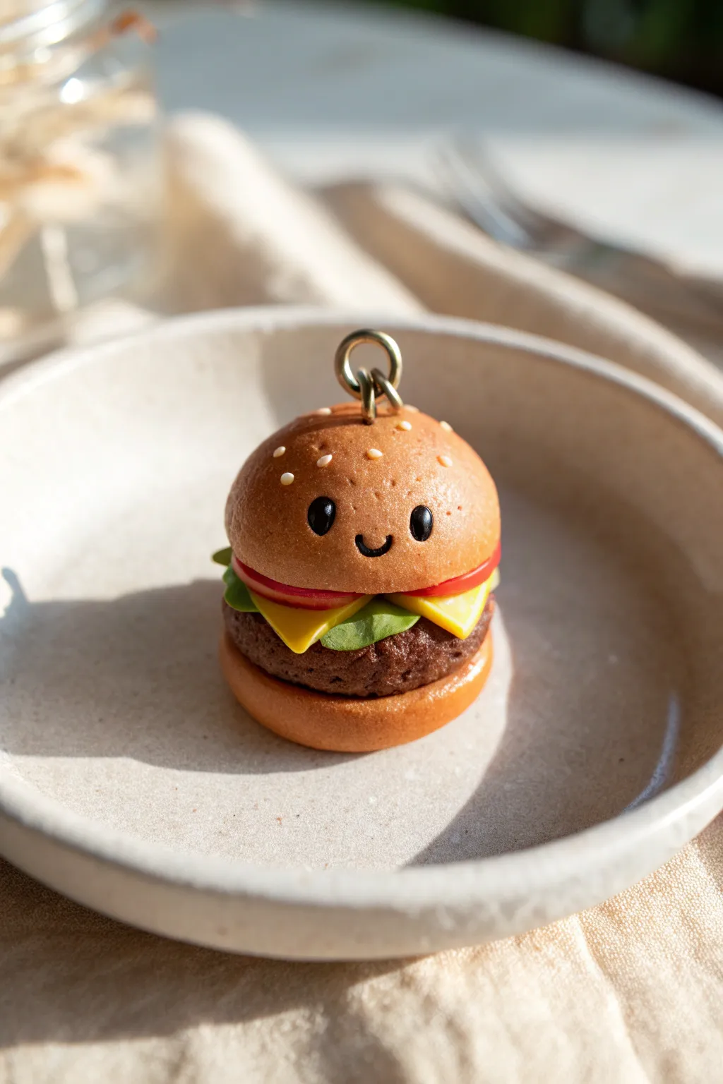 Beginner-friendly mini clay burger stack with chibi bun face, cute layered charm in minutes
