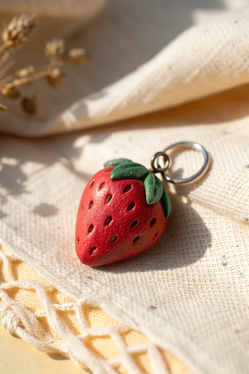 Tiny clay strawberry charm with loop top, bold colors, perfect mini craft for kids and gifts.