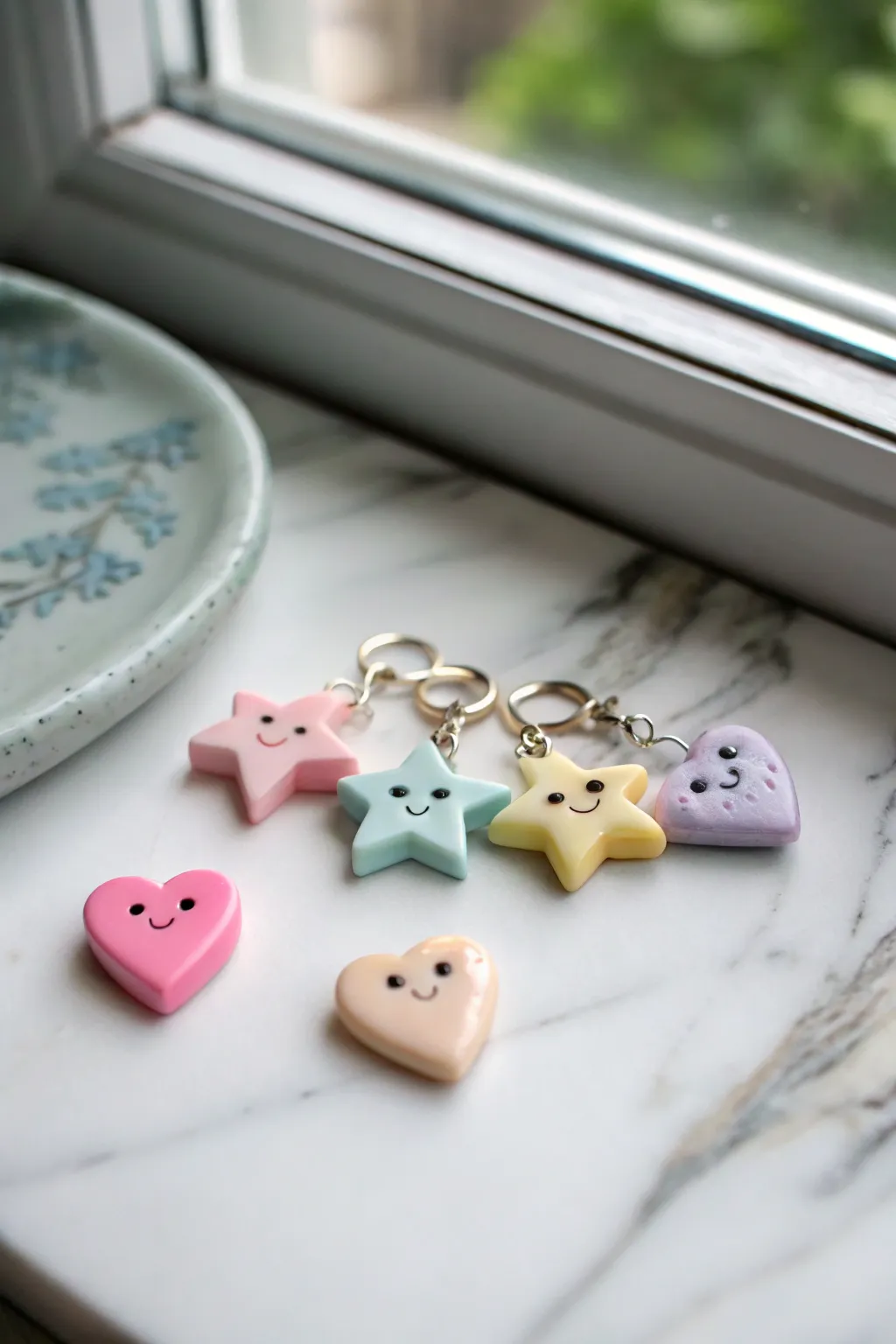 Pastel star and heart mini clay charms with glossy smiley faces, styled simply on marble.
