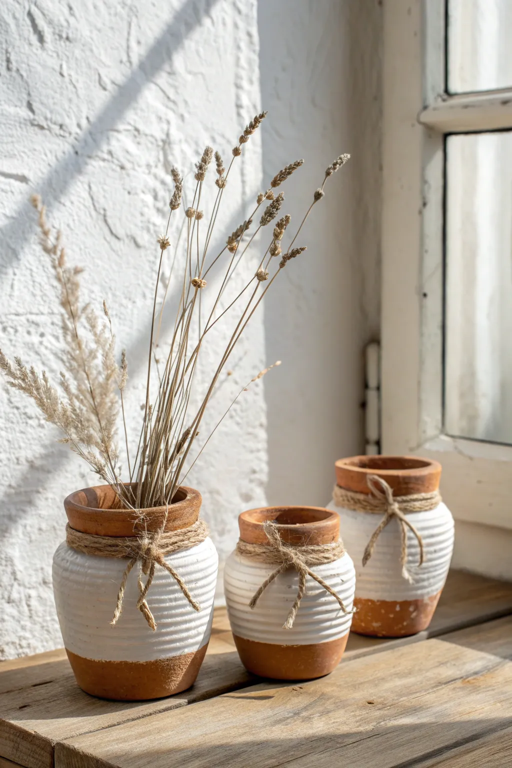 Distressed whitewashed mini clay pots with twine and dried stems for cozy cottage charm.