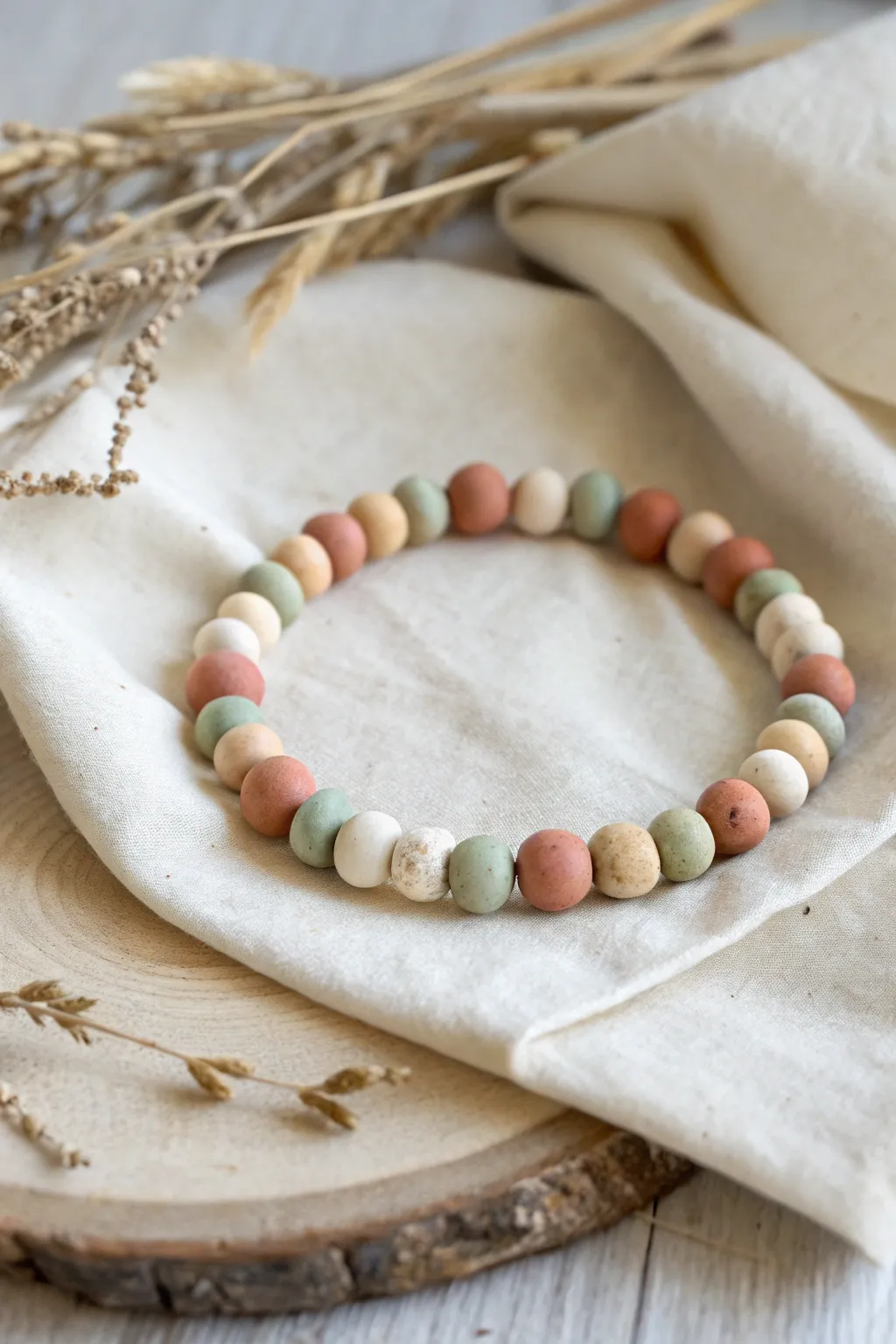 Mini clay bead stretch bracelet with playful colors, perfect bite-size pottery project idea.