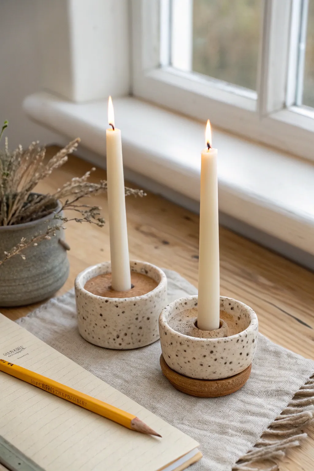Mini ceramic candlestick holders with slim tapers, styled simply with a pencil for scale