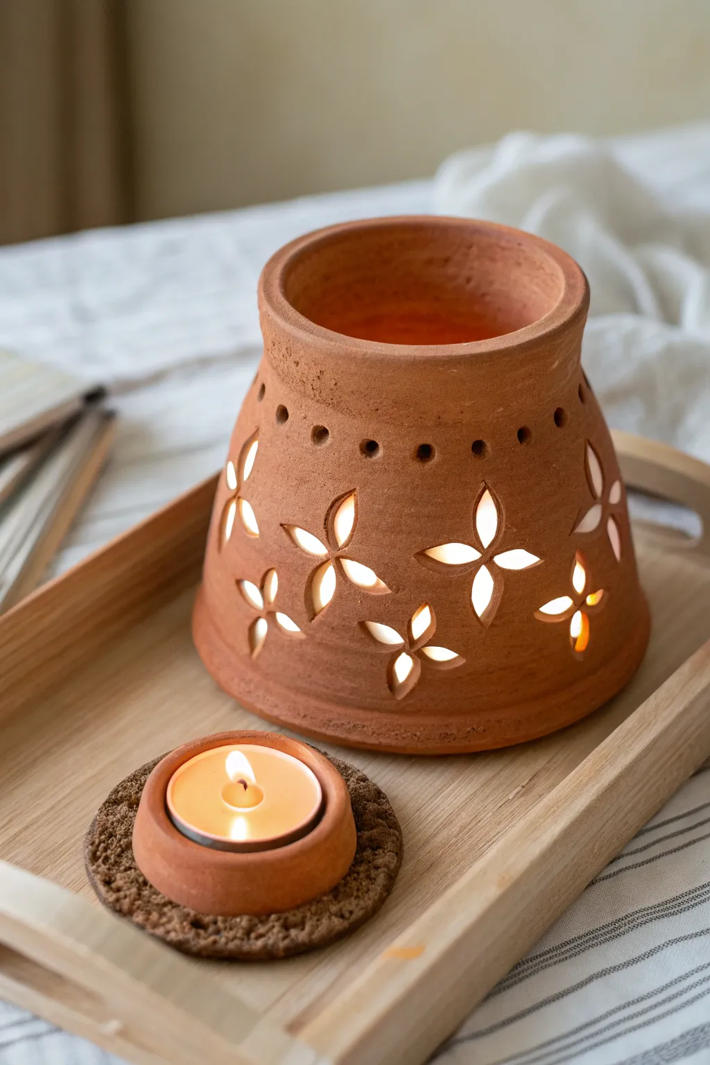 Mini terracotta pot luminary with simple painted cutouts, casting a warm tea light glow