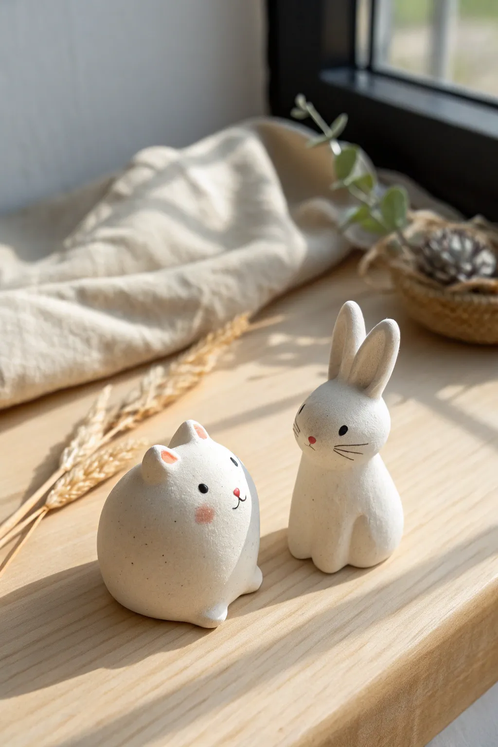 Sweet pocket-size cat and bunny minis with dot eyes and blush cheeks for easy air-dry clay ideas.
