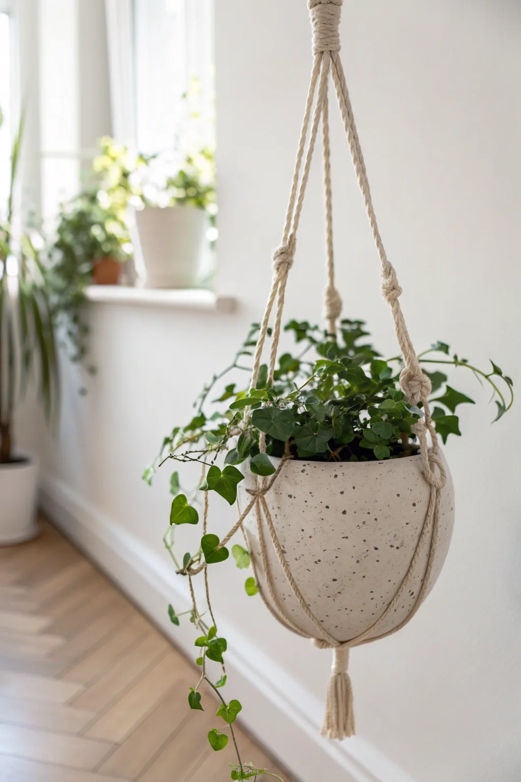 Macramé hung ceramic planter brings mixed media charm to a bright minimalist corner.