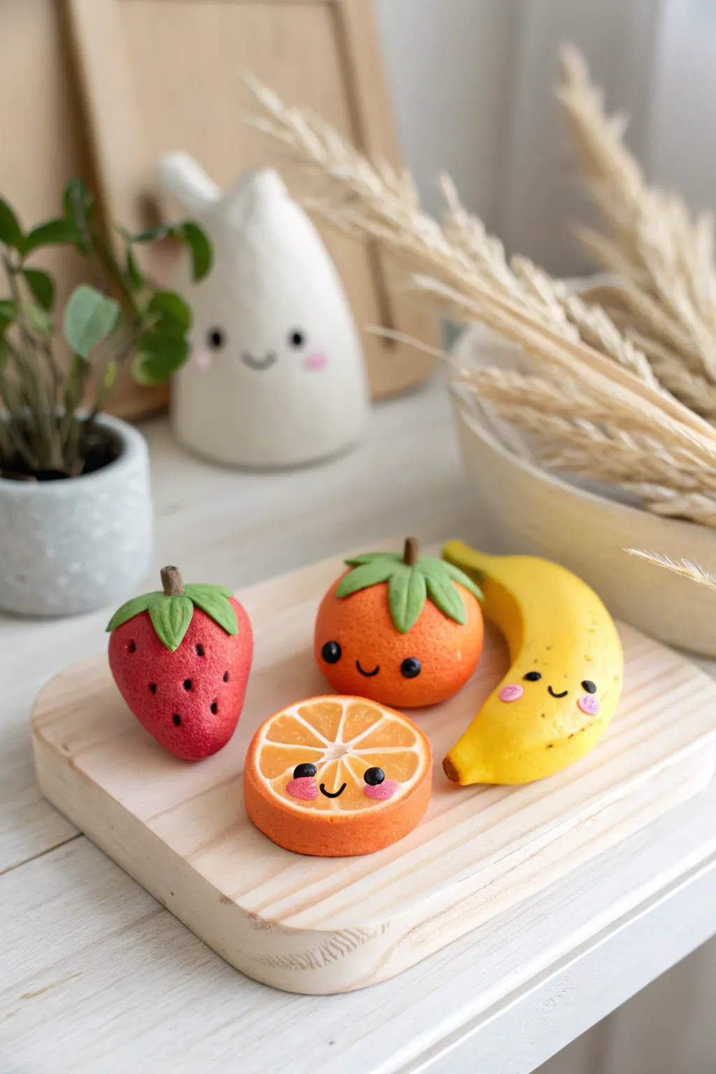 Kawaii model magic fruit minis for desk decor, minimalist Scandinavian look with a cozy boho touch.