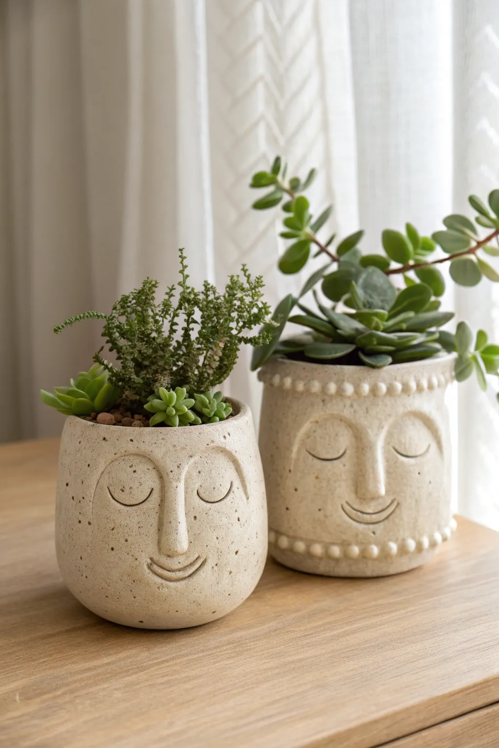 Two cute clay face planters with funny expressions and simple greenery hair, bright and minimal