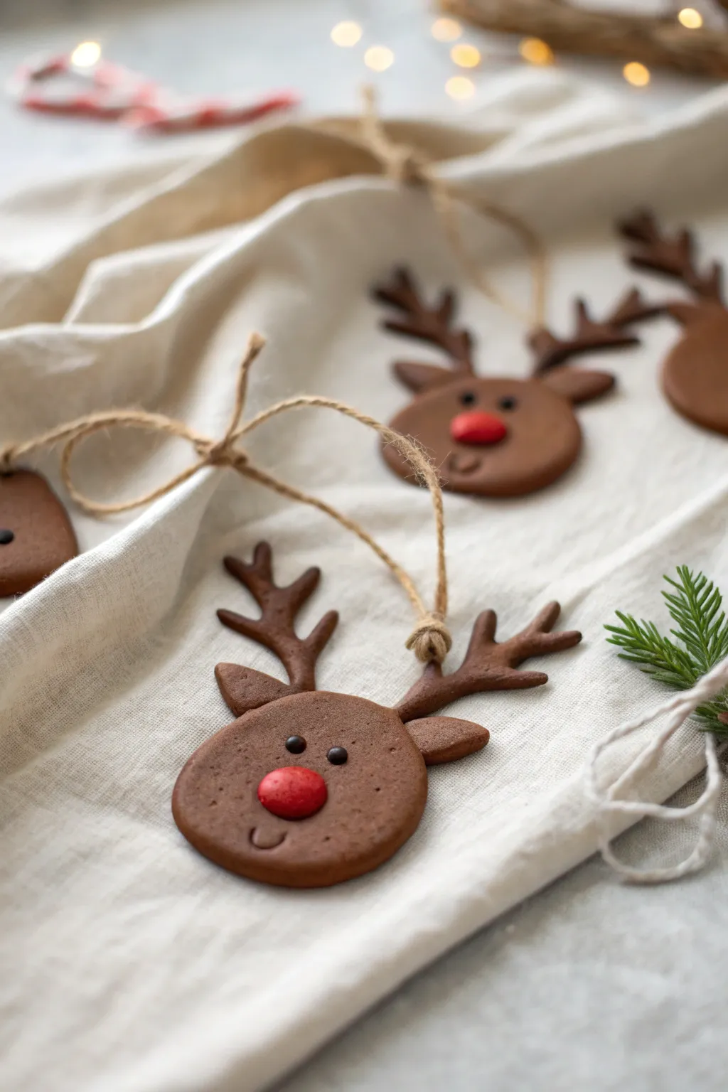 Sweet clay reindeer ornament with tiny antlers and red nose, styled on neutral linen