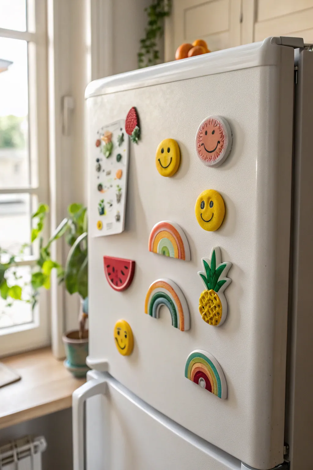 Mini clay magnet set in bright pastels, neatly gridded for a cute minimalist kitchen touch