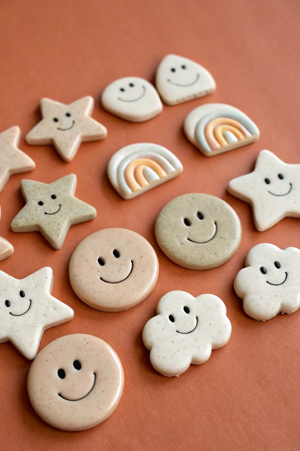 Minimalist smiley, star, and cloud clay magnet set in a neat grid with bold, cozy contrast