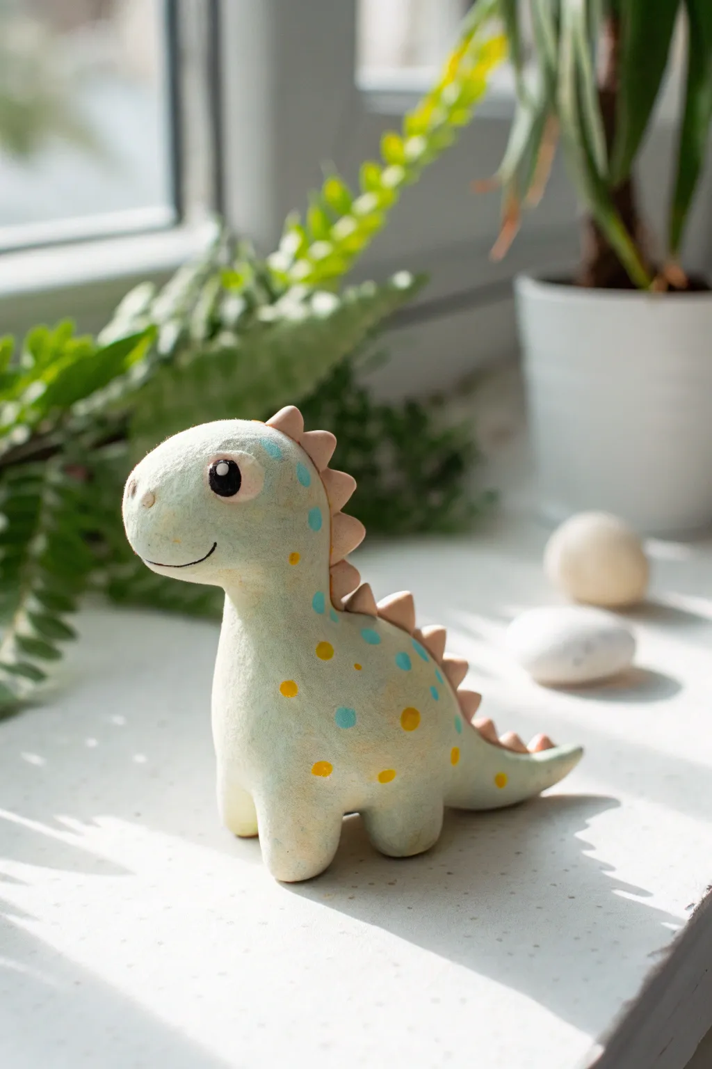 Cute mini clay dinosaur with stubby legs, bright colors, minimalist backdrop for easy inspiration