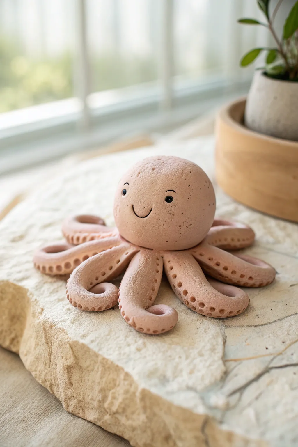 A sweet smiling octopus paperweight in simple clay, perfect for minimalist boho desks