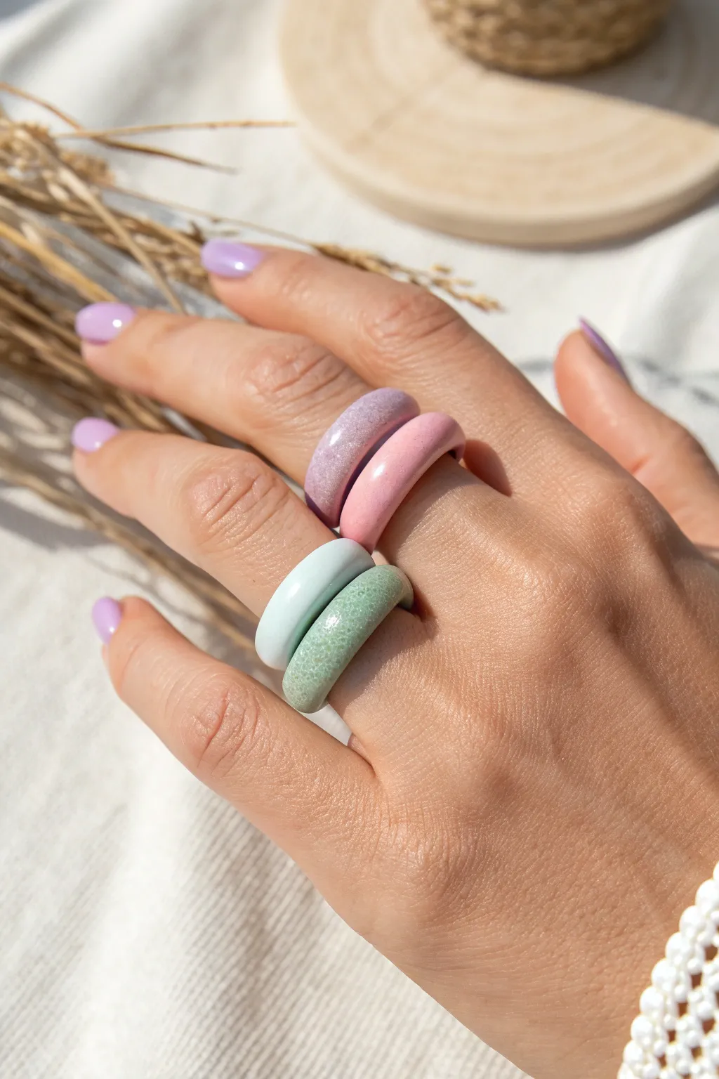 Soft pastel chunky clay rings in minimalist light, the cutest Pinterest-ready handmade accessory