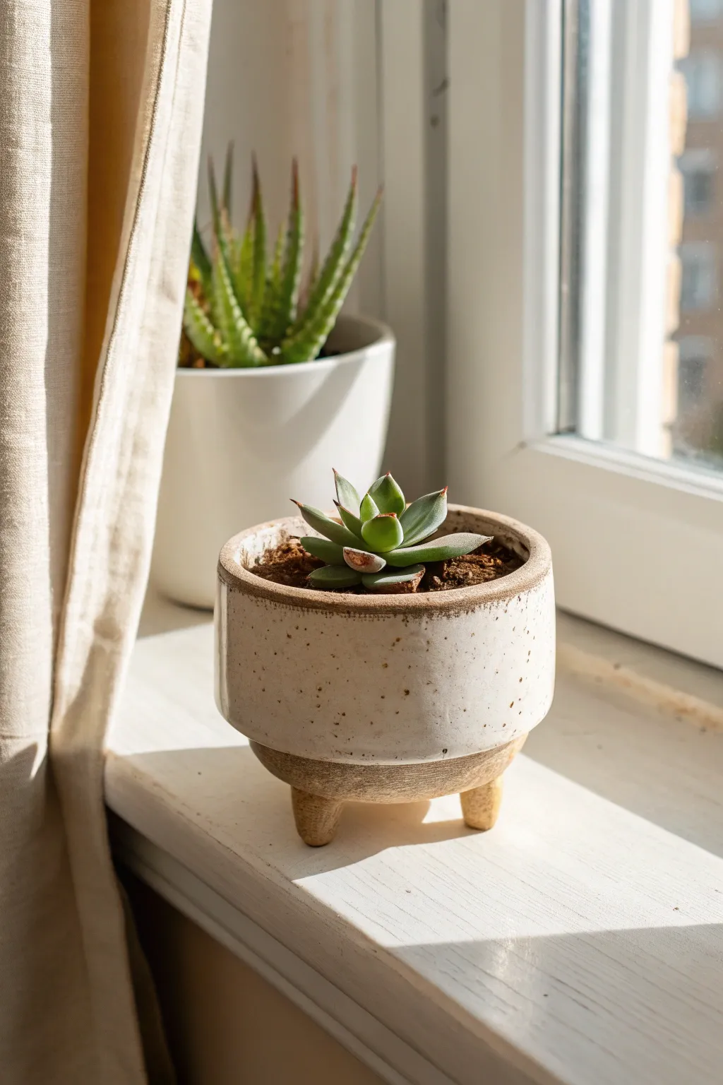 Minimal planter with sculpted feet and a tiny succulent, sunlit on a clean windowsill
