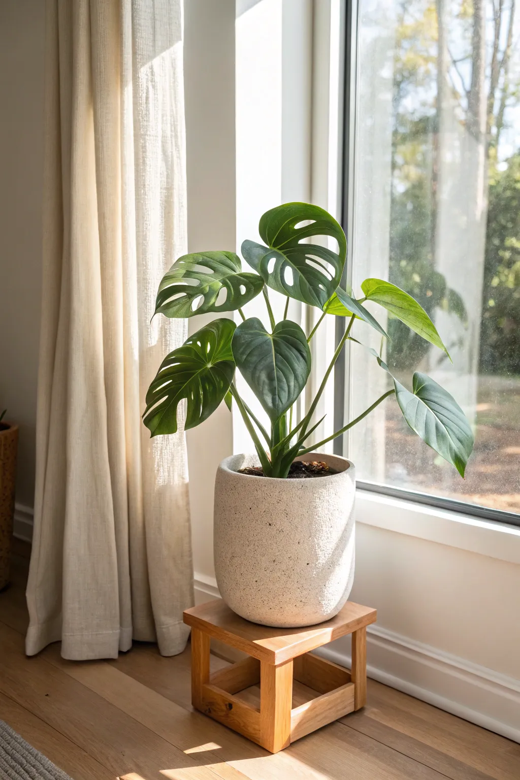 Elevate your monstera with a simple stand and a handmade ceramic pot for airy, modern style.