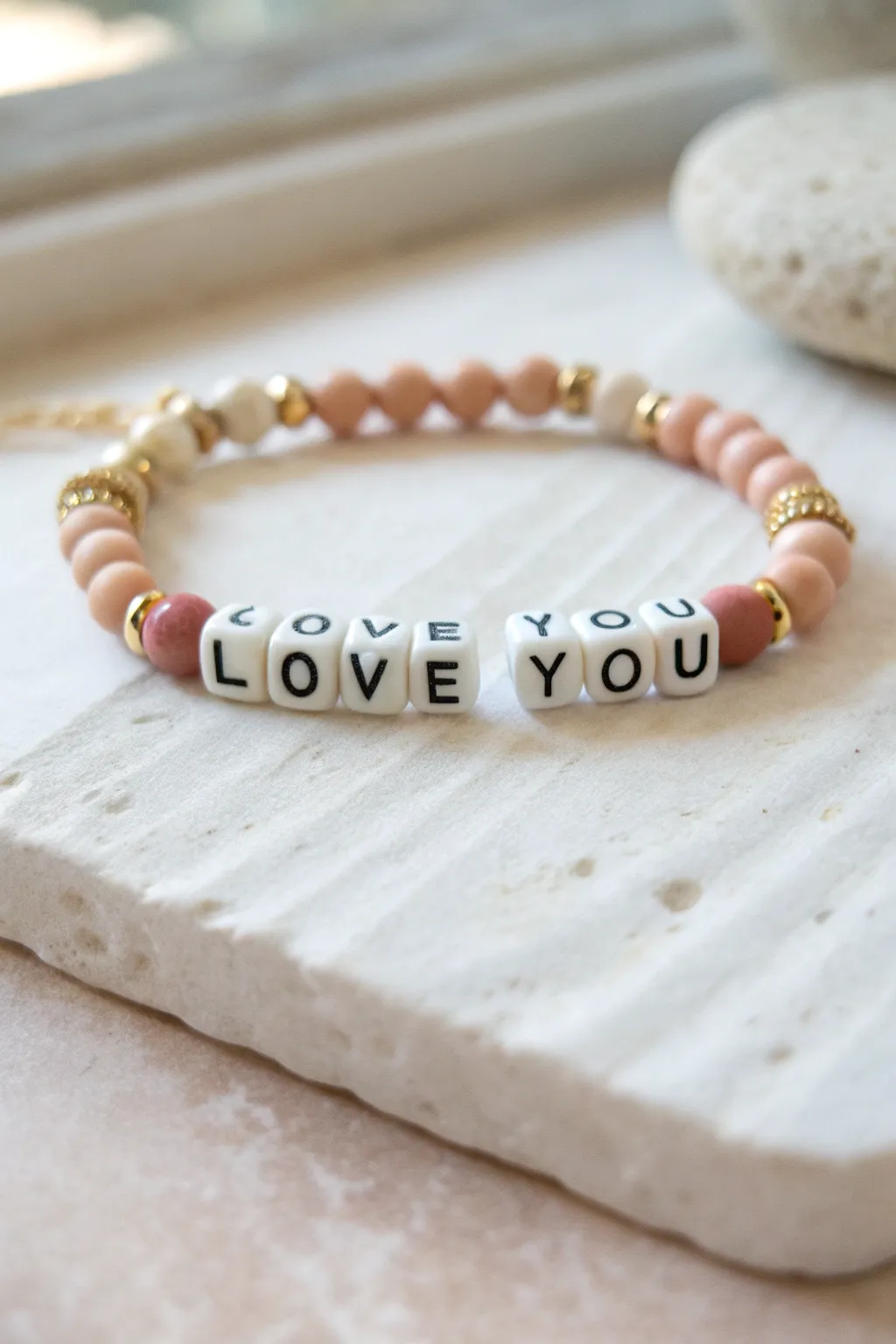 Simple LOVE YOU clay bead bracelet with pastel heishi beads and gold spacers, perfect for Mothers Day