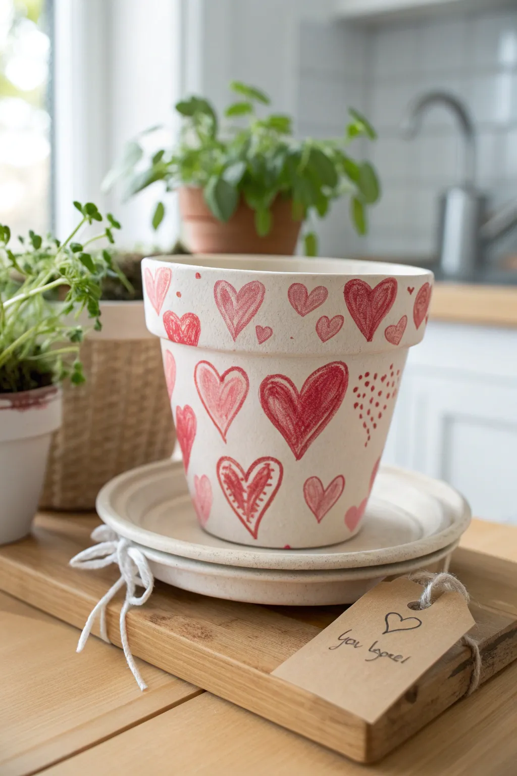 Kid scribble heart flower pot, sweet Mothers Day gift with minimalist kitchen styling and boho charm