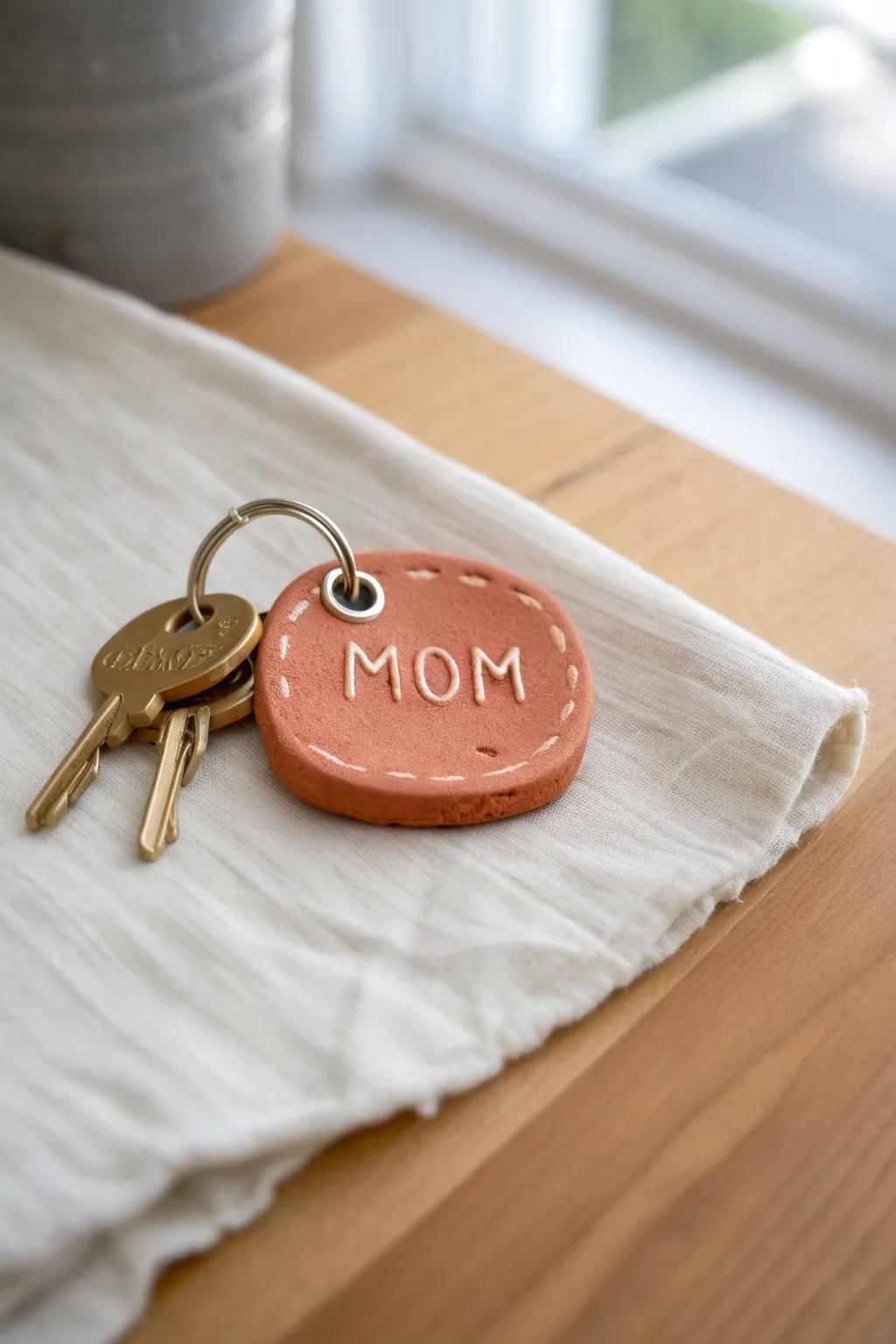 Sweet DIY clay keychain tag with stamped MOM and painted border, perfect Mothers Day gift