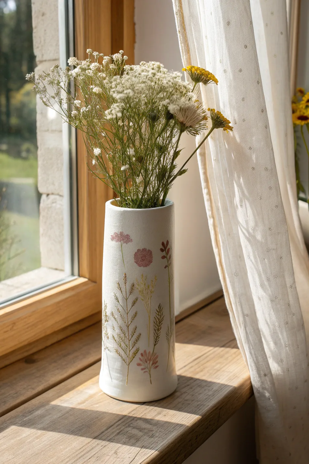 Minimal birth-flower vase on a sunny windowsill, a sweet Mother’s Day pottery gift idea