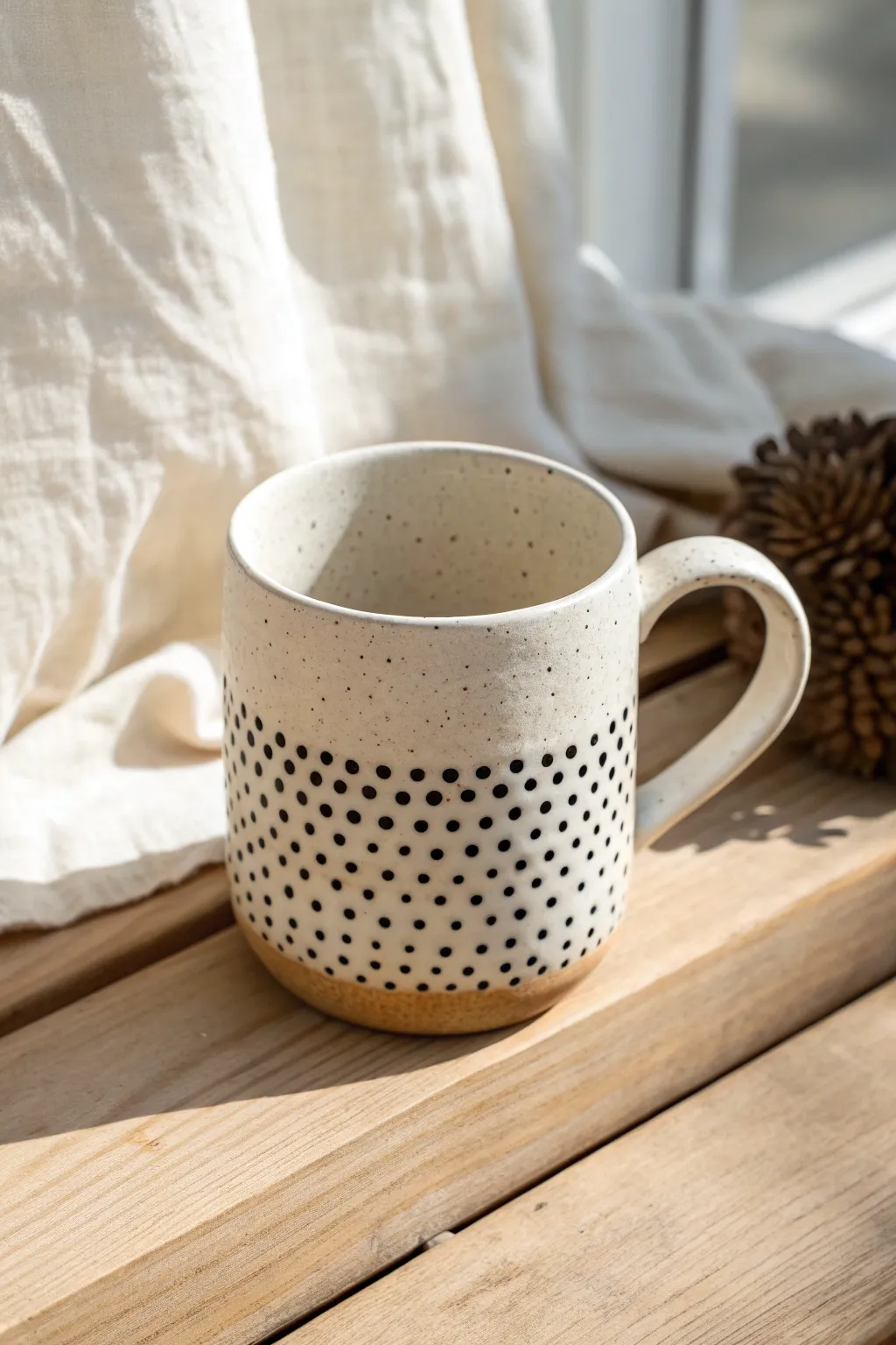 Soft gradient polka dots fade upward on a minimalist handmade mug, bright and boho chic.