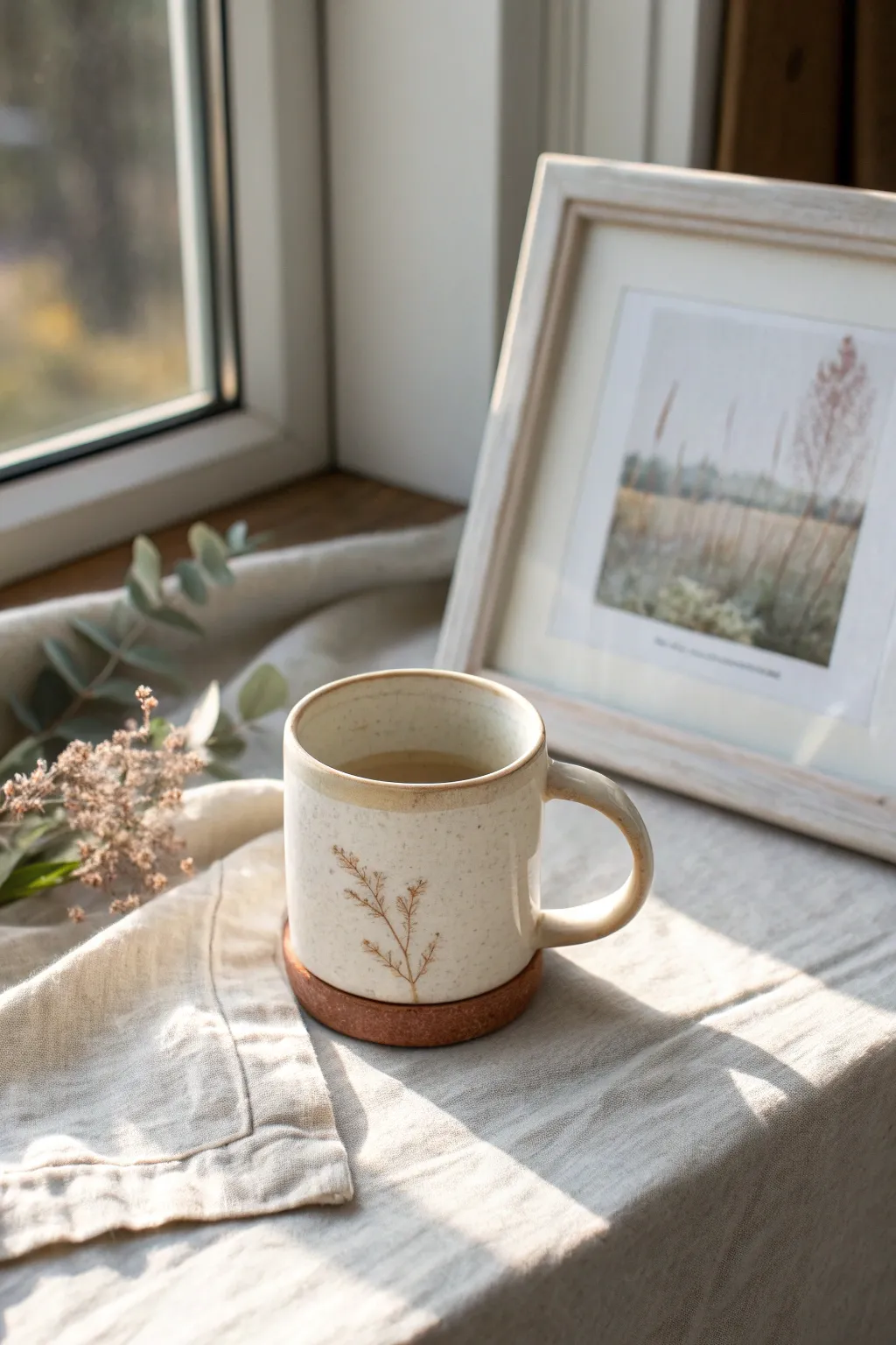 Soft framed photo mug with faded edges, airy neutrals, and handcrafted minimalist charm.