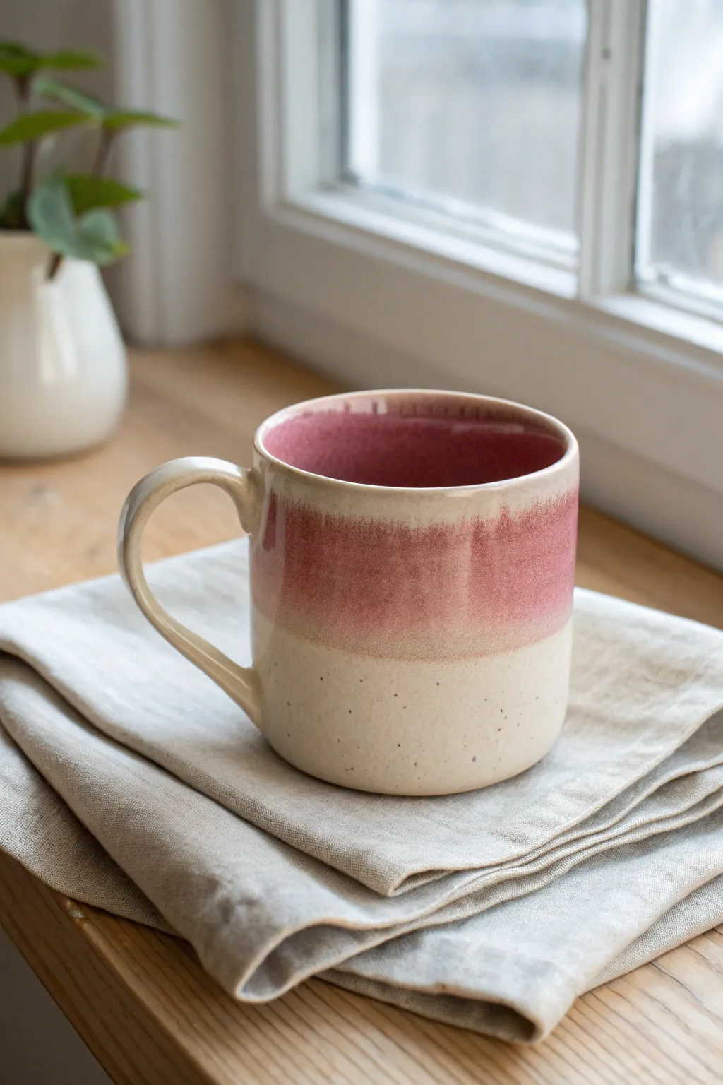 Soft ombre glaze from rosy rim to ivory base, a minimalist mug with cozy handcrafted charm