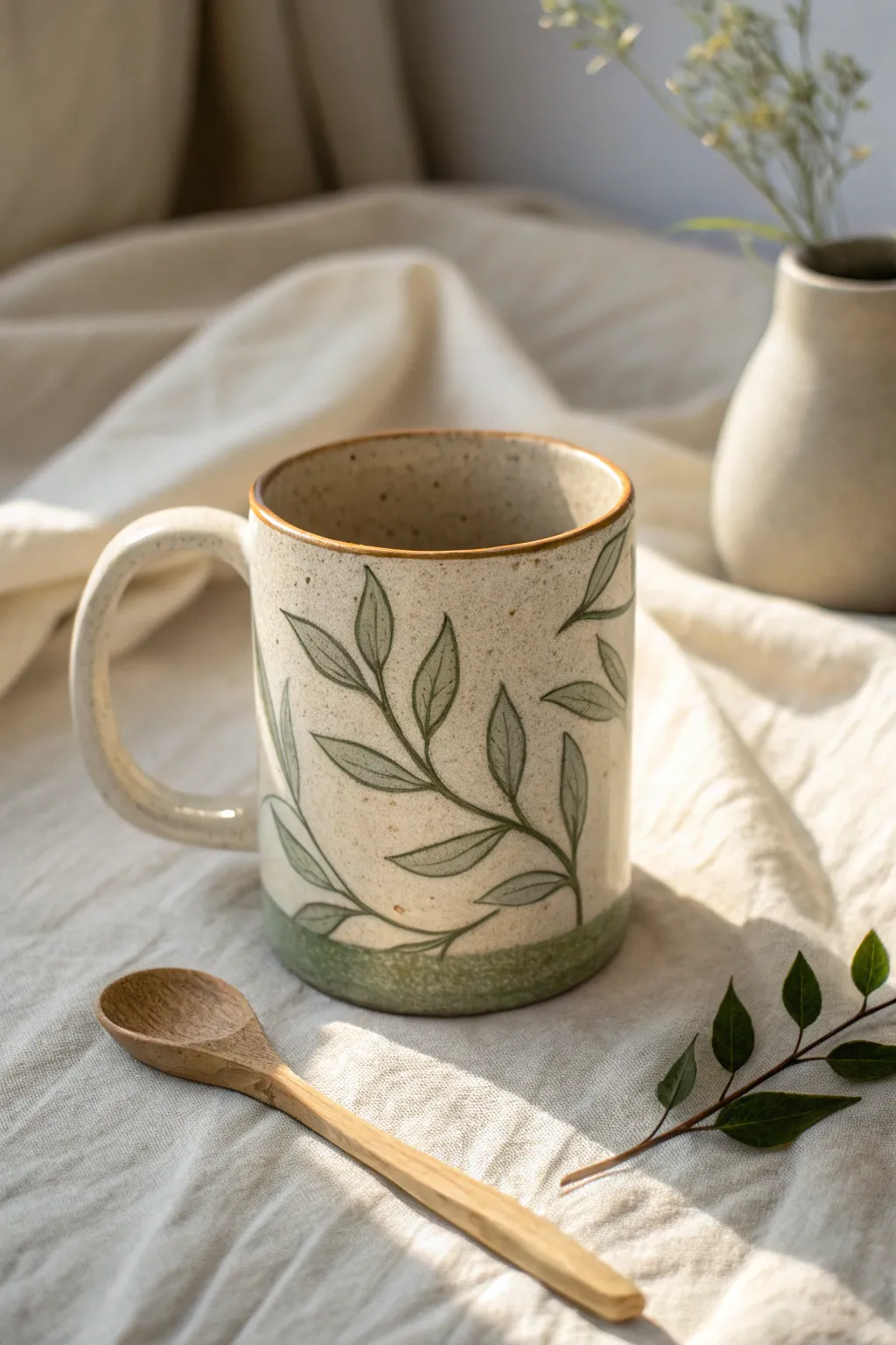 Simple leafy vine mug painting that climbs onto the handle for an effortless handmade look