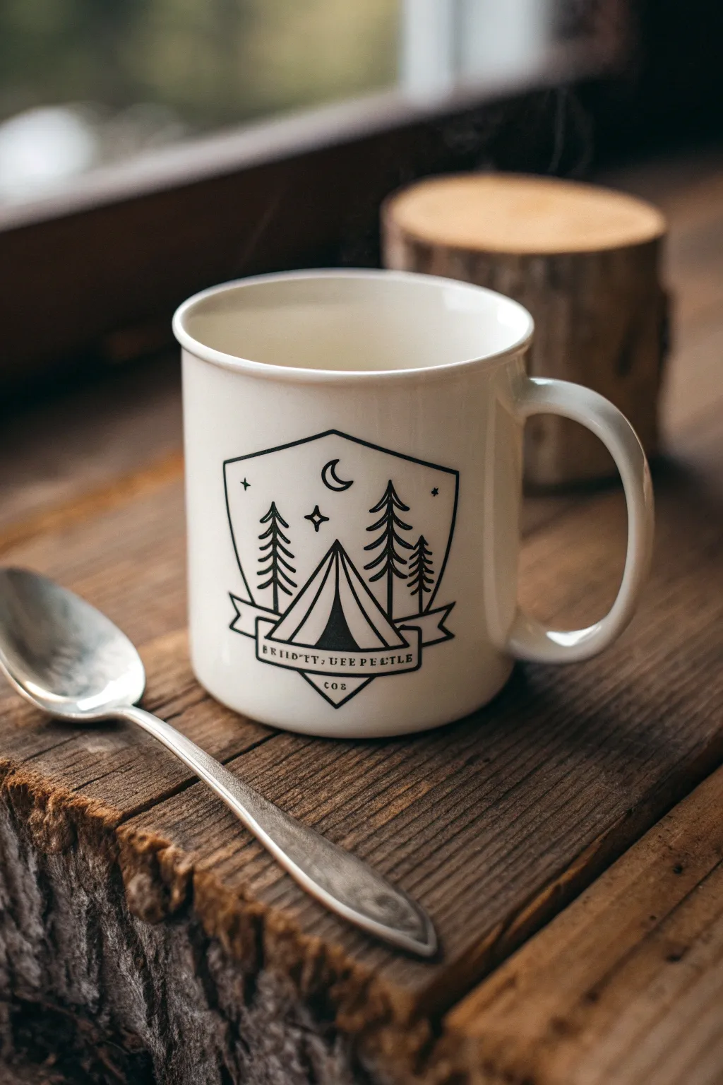 Minimal camp badge mug painting idea with bold black linework for an outdoorsy, modern look.