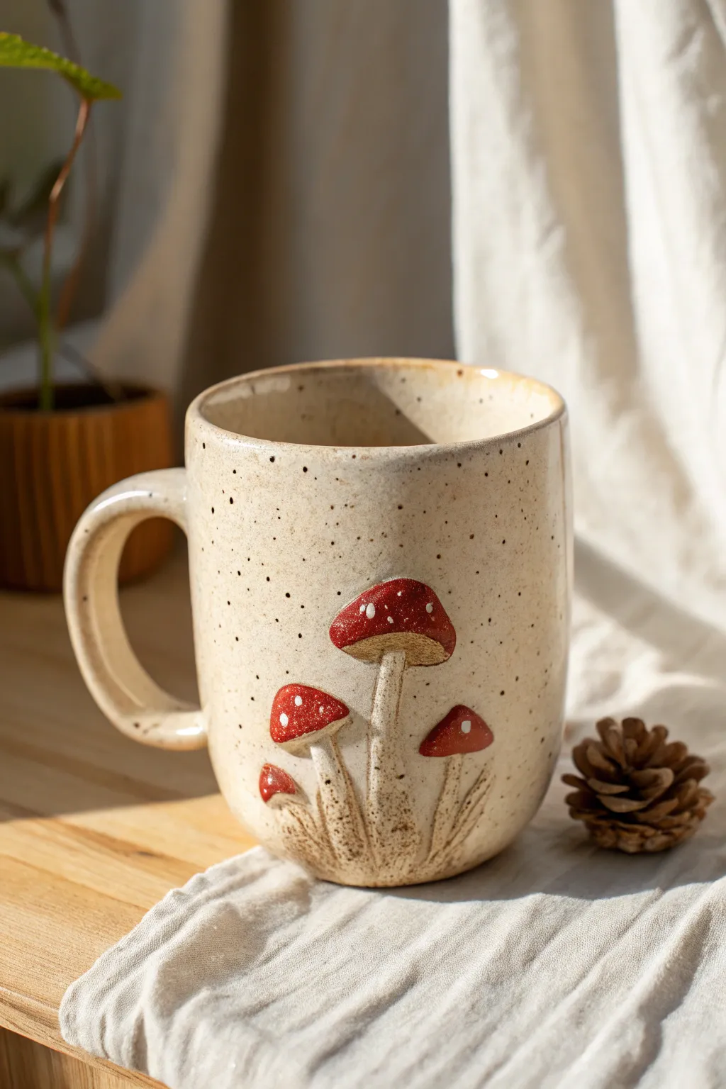 Minimalist mushroom mug with sweet 3D appliqués, soft neutrals, and a warm pop of red.