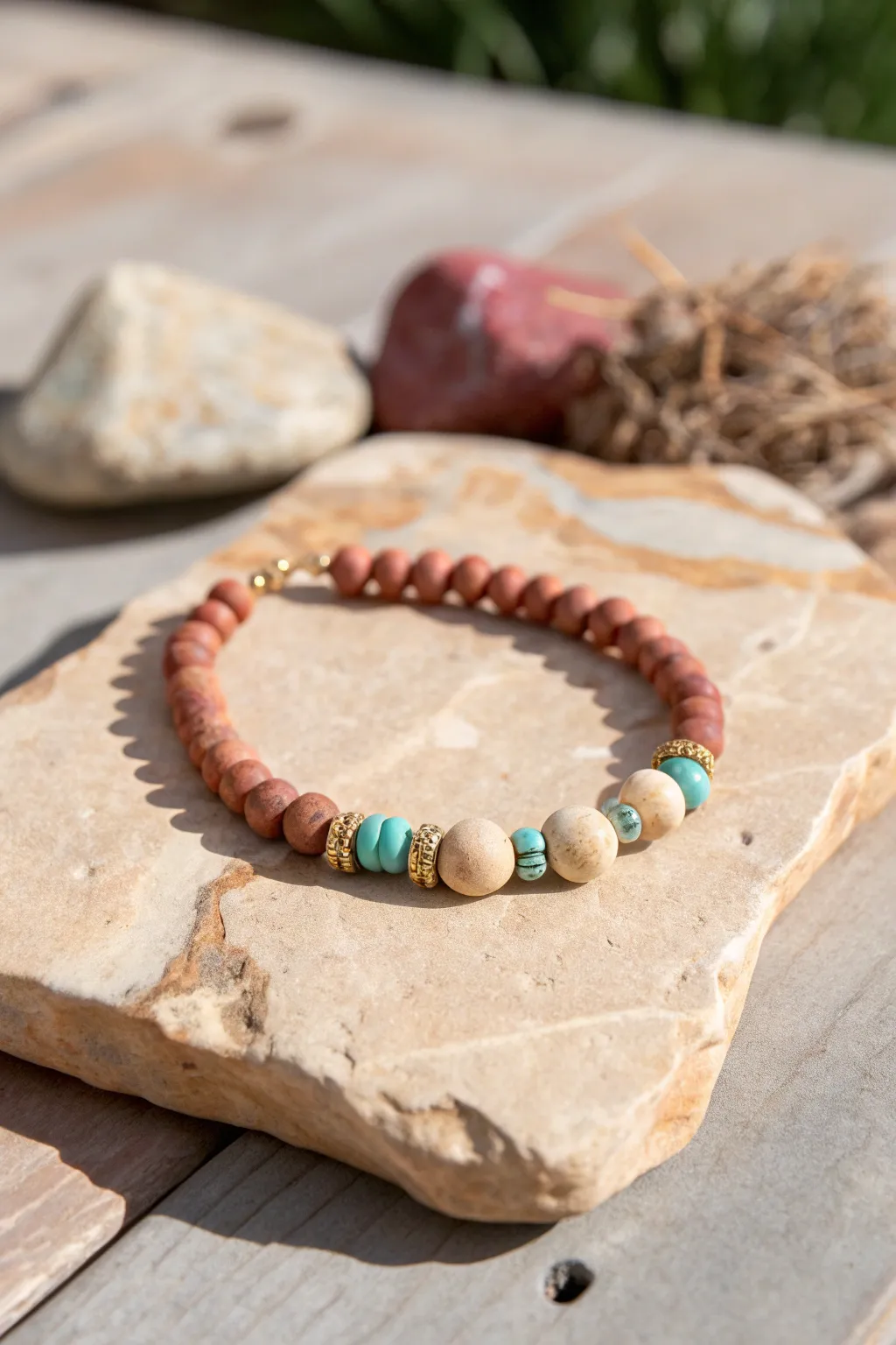 Terracotta, sand, and turquoise clay disc bracelet styled on sunlit stone for red rock vibes.