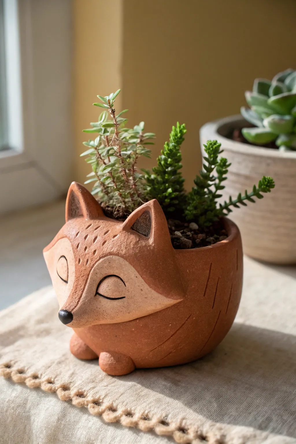 Cozy woodland fox planter in natural clay, a minimalist way to bring greenery indoors.